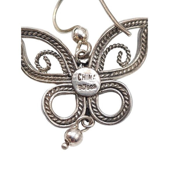 BJ 925 Sterling Silver Filigree Butterfly Moth Insect Dangle Drop Earring VTG - Picture 4 of 5